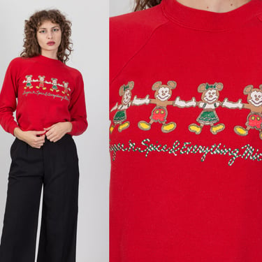 90s Mickey & Minnie Ginger Bread Cookie Sweatshirt - Petite Small | Vintage Red Disney Christmas Cropped Graphic Pullover 