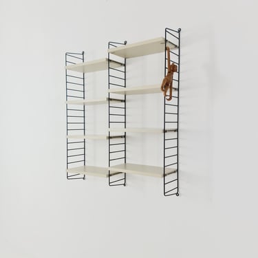 Original MCM wood shelving system - consists of black lacquered metal ladders, from string Stockholm 1960s 