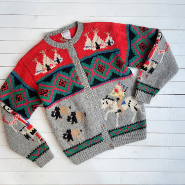 SKYR wool sweater | 80s 90s vintage Native American Indian buffalo teepee scenic streetwear aesthetic intarsia cardigan 