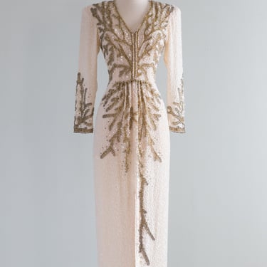 Fabulous 1980's Ivory &amp; Gold Fully Beaded Evening Gown / Small