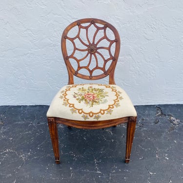 Vintage Embroidered Wheel Back Chair FREE SHIPPING Walnut Wood Finish and Rounded Spider Web Style Accent Furniture 