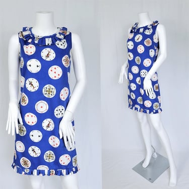 Swirl 1960's Blue Playing Cards Novelty Print Cotton Shift Dress I Sz Med I Park East 
