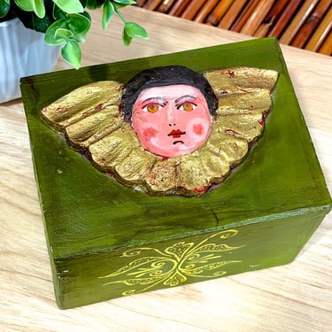 VINTAGE: Hand Carved Guatemalan Wooden Trinket with Angle - Jewelry Box - Made in Guatemala - SKU 