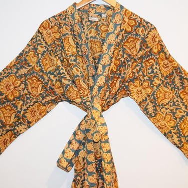 Hand Block Printed Kimono Robe, Long Bathrobe, Lightweight Cotton Robe, Dressing Gown, Wood Block Print Long Kimono, Floral Print Kimono 