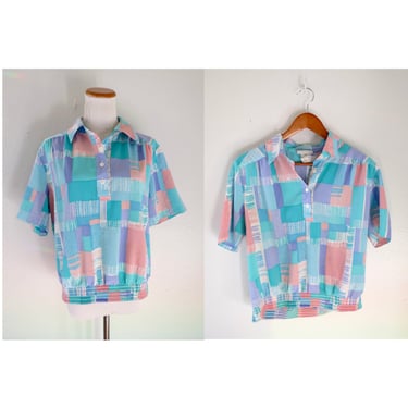Vintage Pastel Blouse - 80s Colorful Abstract Print Short Sleeve Top - Size Medium 