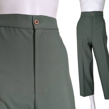 Vintage High Waist Slacks, Medium / Women's 70s High Rise Pants / Sage Green Creased Trousers / 1940s Style Polyester Dress Pants 