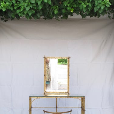 Hollywood Glam Vanity Set w/Mirror Stool Gold Chinoiserie Dressing Table Mirrored Mid Century Faux Bamboo Metal Vanity Table Chair 
