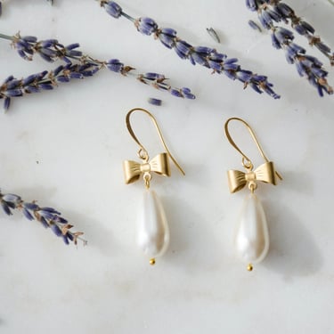 gold bow earrings, teardrop pearl earrings, Regency Victorian antique earrings, cute cottagecore gift for her, statement earrings 