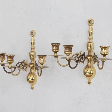 Set of 2 Three Arm Brass Wall Sconces, Pair of Candlestick Holder Sconces for Three Taper Candles 