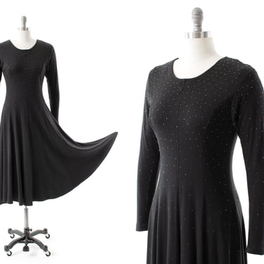 Vintage 1980s Dress | 80s Beaded Black Jersey Knit Long Sleeve Fit Flare Witchy Minimalist Stretchy Day Evening Midi Dress (medium/large) 
