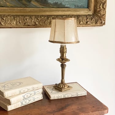 turn of the century French gilt brass lamp with rawhide shade