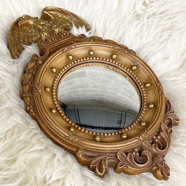 Vintage Syroco Wall Mirror 1940s Retro Size 13x8 Federal Style + Eagle + Round + Convex Glass Mirror + Gold Plastic Frame + Home Wall Decor 