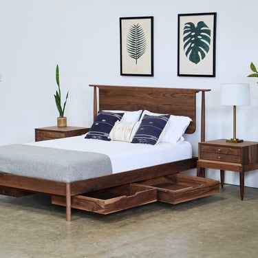 Walnut Modern Platform Bed | Handmade Mid Century Wood Storage Bed | Custom Hardwood Bedframe with Headboard, King Queen Full or Twin 