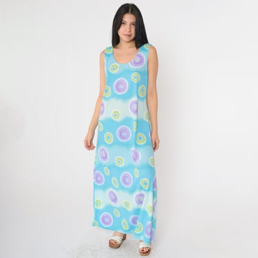 90s Maxi Dress Blue Geometric Sleeveless Shift Vintage Hippie Boho Boho 1990s Summer Dress Tie Dye Style Ombre Sundress Extra Large xl 