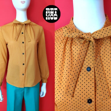 Easy Breezy Vintage 70s 80s Mustard Yellow & Black Polka Dot Pussybow Long Sleeve Button Down Blouse 