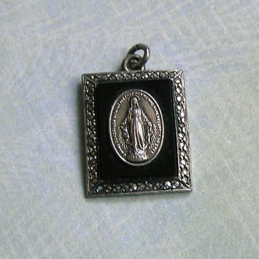 Vintage Sterling Marcasite and Onyx Religious Medal Pendant, Sterling Religious Medal , Old Silver and Onyx Religious Pendant (#4338) 