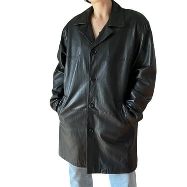 Vintage 1990s Womens R&R Casuals Black Leather Minimal Matrix Blazer Jacket XL 