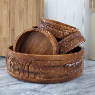 Handcarved Wooden Vintage Hawaiin Serving Bowls Set 