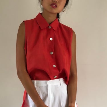 90s linen blouse / vintage orange sleeveless linen button down persimmon collared shirt blouse | Large 