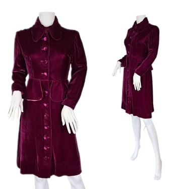 1950's Raspberry Pink Rayon Velvet Dress I Sz Med I Peplum Waist 