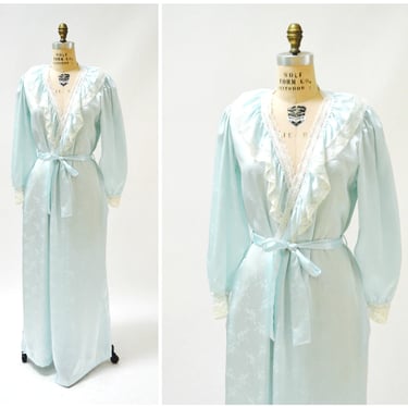 80s Vintage Blue Satin Robe Nightgown Blue lace Wedding Honeymoon Lingerie// Vintage Robe Lingerie Something Blue Large by Carole Hochman 
