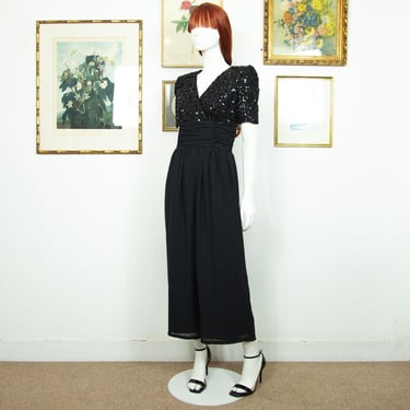 Vintage 1980s Black Maxi Jumpsuit Sequin Top Wide Leg With Shoulder Pads Size S UK 8 