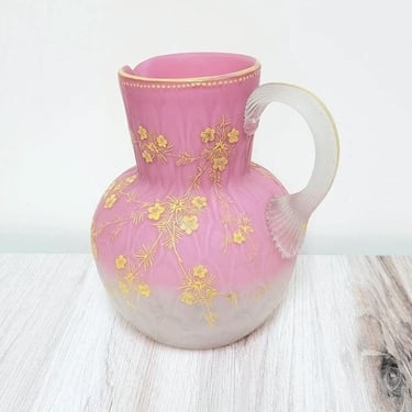 Pink Satin Glass Water Pitcher with Flower Detail 