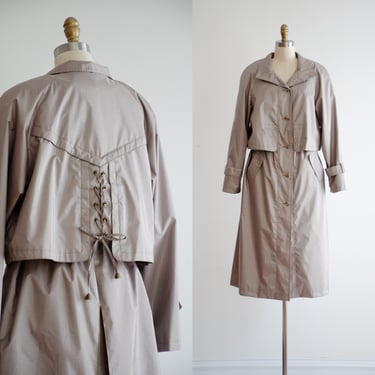 brown trench coat 80s vintage British Mist mushroom gray greige taupe corset lace coat 