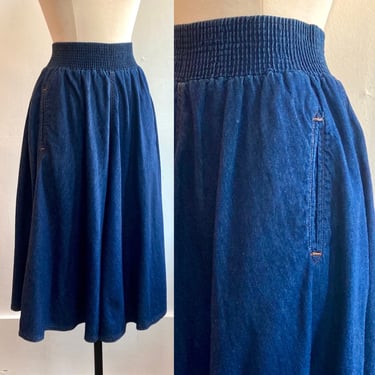 Vintage 80's Dark DENIM Full Skirt / LIZ CLAIBORNE / 4 Gore Bias Cut + Pockets + Thick Elastic Waist / L 