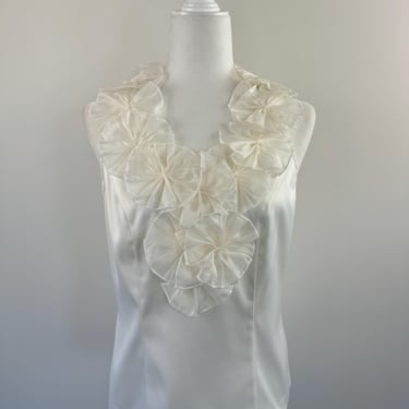 1990s Victor Costa White Flower Sleeveless V Neck Top 