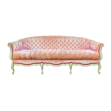 Vintage Pink Velvet Button Tufted Sofa French Provincial 