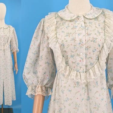 Vintage Seventies Floral Cotton Long Bed Jacket - 70s Small Open Front 3/4 Sleeve Dress Jacket 