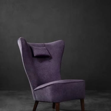 Rare Vintage Mid-Century Scandinavian Modern Oak & Purple Fabric High Back Wing Chair, 1950s 