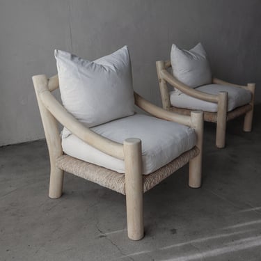 Pair of White Washed Pine Lounge Chairs by Michael Taylor 