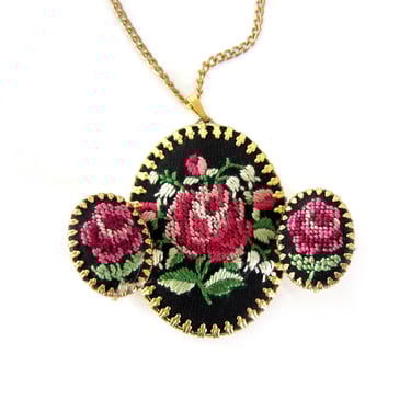 Needlepoint Floral Pendant & Earrings in Gold Tone Setting, Floral Jewelry, Red Roses, Petite Point, Sweetheart Gift, Red Roses, Valentine 