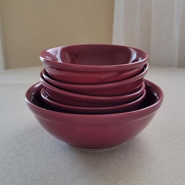 Salad bowl set Burgundy glazed ceramic soup dishes Vintage pottery Farmhouse kitchen decor 