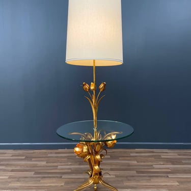 Italian Hollywood Regency Gilt Iron Floral Floor Lamp With Circular Glass Top, c.1960’s 