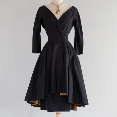 Exquisite 1950's Helen Rose Demi Couture Silk Cocktail Dress With Gold Peplum / S