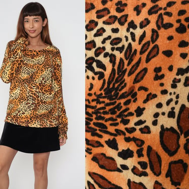 Cheetah Print Sweater Top Y2K Knit Shirt Long sleeve Blouse Jungle Cat Animal Leopard Print Shirt Boho Glam Retro Acrylic Vintage 00s Large 
