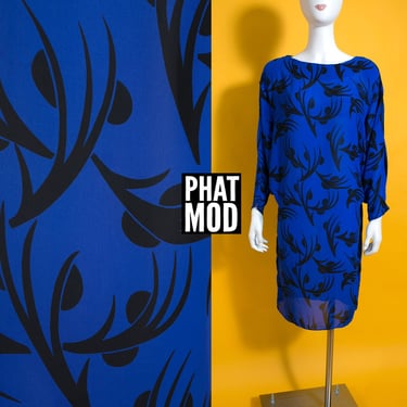 Chic Vintage 80s Blue & Black Abstract Geometric Memphis Design Vibes Baggy Dress 