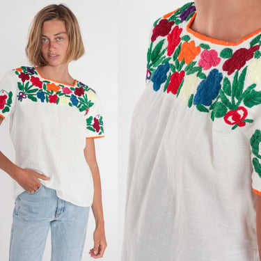 Mexican Floral Blouse 90s White Embroidered Top Colorful Flower Peasant Hippie Short Sleeve Tent Shirt Boho Cotton Vintage 1990s Medium M 