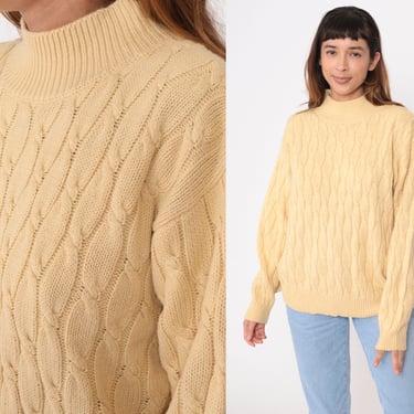Muted Yellow Cable Knit Sweater 90s Mock Neck Sweater Pullover Retro Plain Acrylic Cableknit Vintage 1990s Oversized Medium 