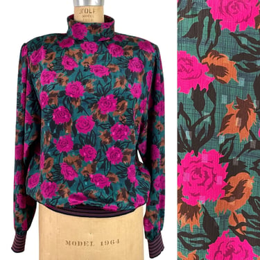1980s floral blouson blouse -  long sleeves - size medium 