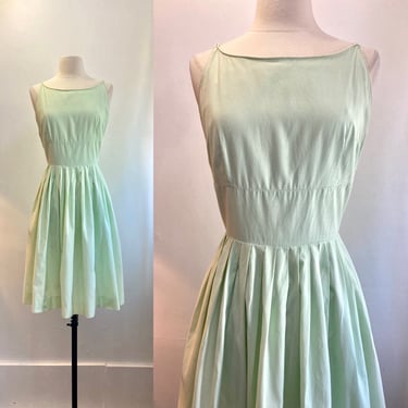 Vintage 50s Sundress / Cotton Summer Dress / Looped Straps + Corset Waist + Full Skirt / Pale MINT GREEN / Candy Jr 