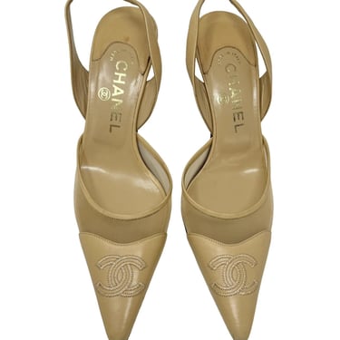 Chanel Beige Mesh Logo Slingback Heels