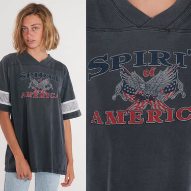 Spirit of America Shirt Y2k Jersey Style T-Shirt USA Flag Eagle Graphic Tee V Neck TShirt Black Grey Mesh Striped Vintage 00s Mens XL 