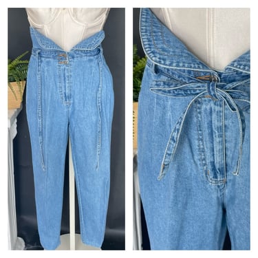Vintage 1980s 1990s 80s Highwaist Paperbag Denim Jeans Light Wash  Xs Small Tie Waist Slouchy Bottoms 