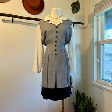 Vintage 90s Deadstock Blue Houndstooth Collared Tie Waist Dress Size Medium 