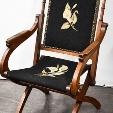 Victorian Folding Walnut and Needlepoint Camp Chair 