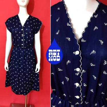 Pretty Vintage 70s Navy Blue With Shell-Like Pattern Elastic Waist Dress 